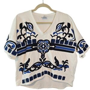 Zara Trafaluc Womens Oversized Small Embroidered V-Neck Boxy Top Short Sleeve